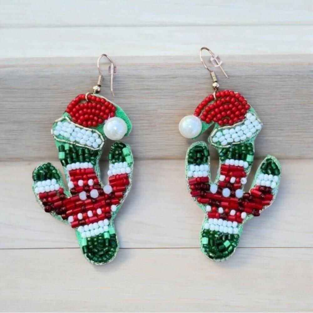 Cactus Shaped Dangle Earrings - Beaded and Faux Leather